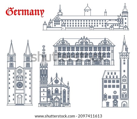 Germany, Wurzburg architecture buildings and travel landmarks, vector churches. Marienkapelle or St Mary chapel church, Marienberg Festung Fortress, Haus zum Falken or Falkenhaus and Saint Kilians Dom