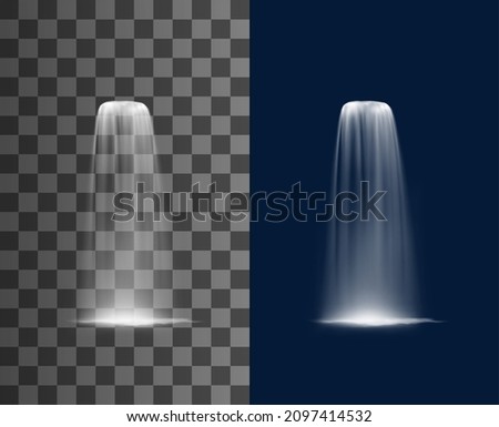 Waterfall cascade of water falling with splashes, vector realistic fountain pour. Water jets of fountain or sprinkle flow with pouring splatters of aqua drips, isolated on transparent background