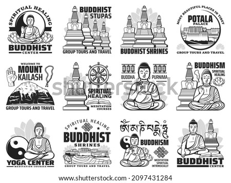 Buddhism shines tours, meditation and yoga center icons. Buddhism temple stupa, Potala Palace and mediating Buddha statue, lotus flower, Mount Kailash, dharma wheel, Yin and Yang symbol, endless knot