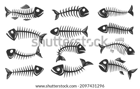 Fish bone icons. Fishbone isolated skeleton silhouettes. Vector black skulls and spines of salmon fish, monochrome symbols set for pirate, ecology or environment theme