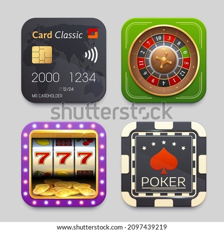 Online payment, poker chip, fortune wheel and slot machine icons, vector mobile app buttons. Online casino and banking or NFC pay or digital wallet application, slot machine and poker game roulette