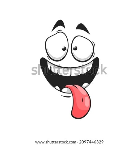 Cartoon stupid face, happy smile vector emoji with open mouth and long sticking tongue. Joyful facial expression with goggle eyes. Funny glad character, positive feelings isolated on white background