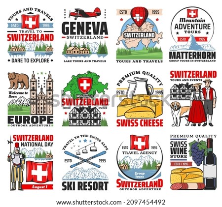 Switzerland travel landmarks icons. Swiss cheese, wine and sausage, Matterhorn peak, ski and lake, people in national clothing, Switzerland flag and St. Bernard dog, Swiss guard, half-timbered house