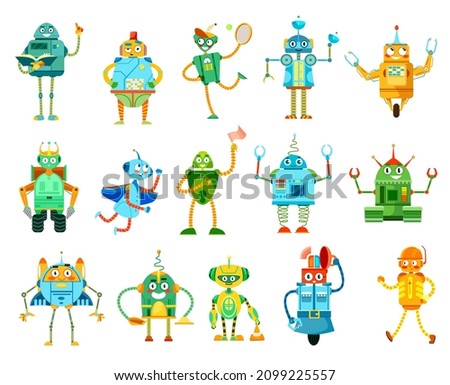 Cartoon robots and droids characters. Funny robotic teacher, builder and cleaner, police droid vector mascots. Cute androids, cyborgs with antennas, claws and drills on hands, spring and wheel legs