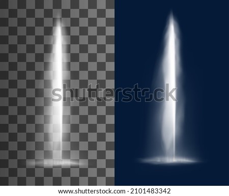 Vertical fountain cascade, water falling with splashes from flowing pour, realistic vector. Water jet sprinkle or fountain spray of pouring splatter and spatter of aqua drips on transparent background