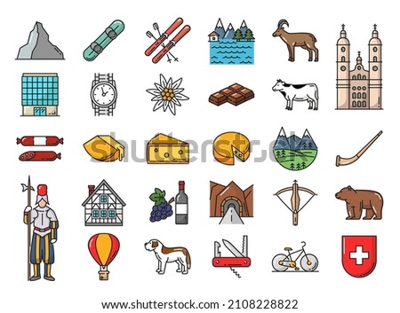 Swiss food, history landmark and people line icons set with Matterhorn peak, snowboard and ski, swiss guard, cheese and edelweiss, chocolate, tunnel and alpine horn, wristwatch, bear and cathedral