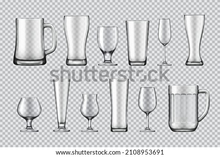 Glasses, mugs and wine glasses, crockery set. Beer tankard, champagne flute and shaker pint, snifter, tulip and goblet, pilsner, weizen 3d realistic vector mockup. Bar, restaurant and pub glassware