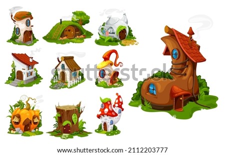 Cartoon fairytale houses and dwelling, fantasy isolated vector buildings. Pumpkin, tree stump, old boot and cozy cottage. Fairy, gnome or elf cute homes in fly agaric mushroom, hillock and teapot set Stockfoto © 