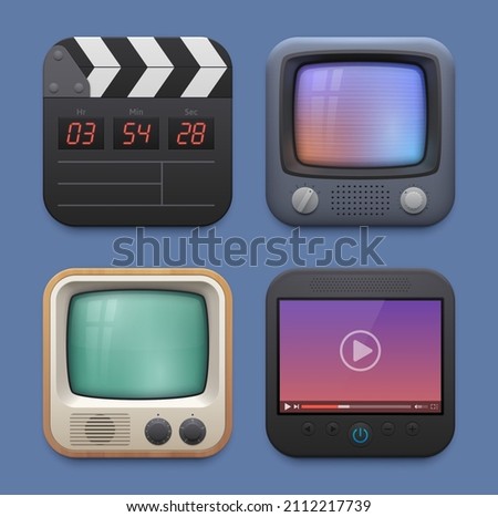 Movie clapper board, TV and video player interface icons. Television and video broadcasting mobile phone or computer application 3d vector icons with cinema clapperboard, vintage TV and movie player