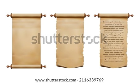 Old parchment paper scroll and ancient papyrus manuscript. Realistic antique vector rolls of rough paper with torn edges,. Certificate, treasure map or document, letter, message or diploma Photo stock © 