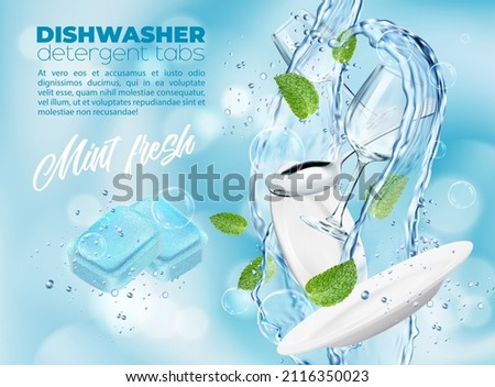 Dishwasher detergent tablets with cool mint, plate and wineglass in water splash with mint leaves. Vector ad promo poster with clean dishes in aqua swirl, realistic drops with blue detergent tabs