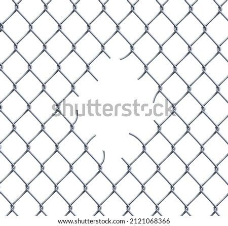Ripped fence rabitz chain link seamless pattern. Vector background of metal wire mesh, steel grid or net with hole and wire cuts in the center, broken security fence or safety border, freedom concept Foto d'archivio © 