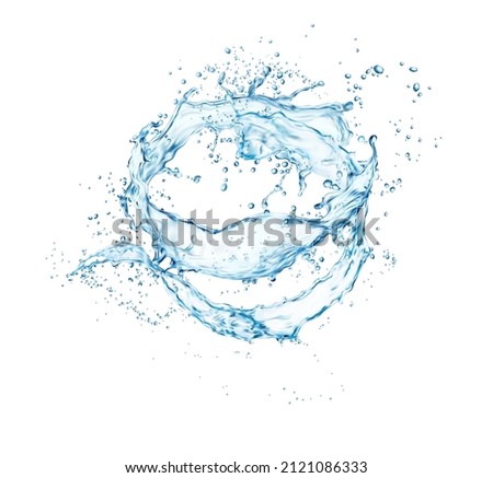 Isolated clean blue water wave swirl splash with splatters. Purity or energy concept. Realistic vector clear water splash falling drops frozen motion. Translucent aqua flow swirl splatters