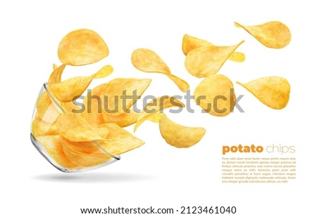 Falling wavy potato chips, glass bowl with flying chips. Realistic 3d vector crunchy snack in motion. Delicious food advert, crisp meal promotion with chips and fallen transparent bowl