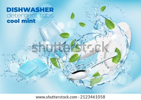 Dishwasher detergent cool mint tablets, dish in swirl water splash and drops with mint leaves. Ad promo poster with clean plates, spoon and wineglass with blue tabs in splash, realistic vector