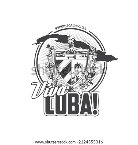 Viva Cuba icon with vector map and coat of arms of Republic of Cuba. Cuban travel and tourism isolated heraldic shield with phrygian cap, flag, oak and laurel wreath, sunset at sea, key and royal palm