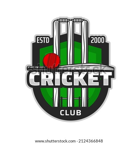 Cricket sport items vector icon of ball with batsman bat and wicket with wood stumps and bails. Cricket game team equipment on green shield badge, sport club emblem, championship league match design