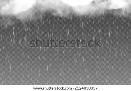 Rainfall water drops and cloudy sky. Falling rain drops, rainy weather transparent background. Autumn heavy rain, showers or stormy weather forecast realistic vector backdrop with fog and clouds