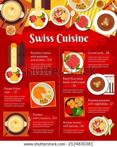 Swiss cuisine menu food dishes, lunch and dinner meals, vector. Swiss cuisine restaurant food raclette cheese with potatoes and pickles, fondue with croutons, cured lamb and basler mehlsuppe