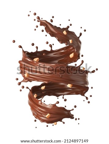 Chocolate milk twister, whirlwind or tornado realistic splash with crushed peanut. Vector cocoa and coffee isolated swirl dessert wave or flow with nuts and splatters, 3d brown stream with drops Stockfoto © 