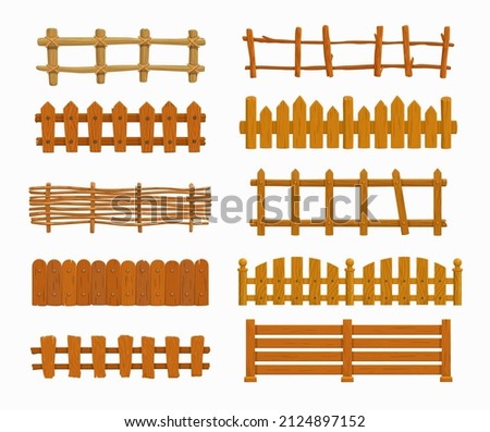 Cartoon wooden fence vector set, garden or farm palisade, gates or balustrade with pickets. Enclosure railing, banister or fencing sections with decorative pillars. Wooden isolated fence and balusters Imagine de stoc © 