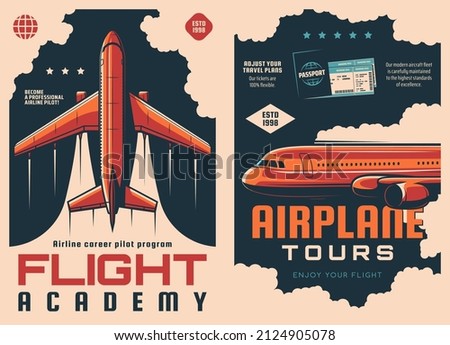 Flight academy and airplane travel vector posters, aviation school and air tours. Aircraft pilots academy and aviation education or training center of avia instructors, charter airlines travel Foto stock © 