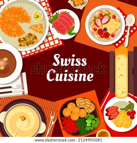 Swiss cuisine menu cover, restaurant food dishes and meals, vector. Swiss cuisine food dishes of raclette cheese with potatoes and pickles, roasted potatoes with vegetables and fondue with croutons