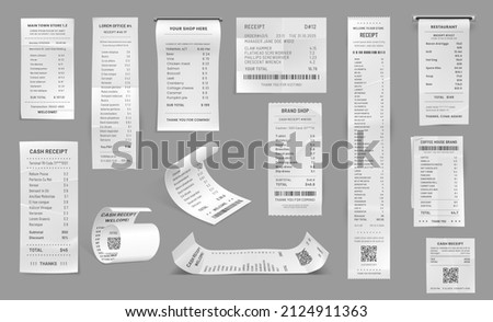 Shop receipt, cash paper bill, purchase invoice. Vector supermarket shopping retail sum check and total cost store sale payment, 3d isolated filled cheque blanks with qr and bar codes, realistic set Foto stock © 