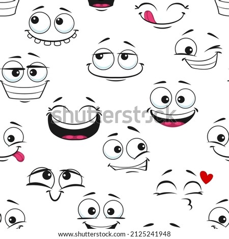 Funny cartoon cheerful smiling and laughing faces seamless pattern vector background. Happy emoji pattern of comic emoticon cute faces winking with love heart kiss and tongue