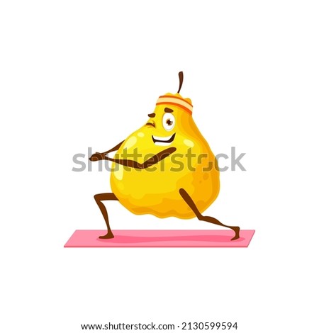 Cartoon pear with sport band on head isolated happy cartoon character. Vector summer fruit hobby sport activity, healthy fruit active way of life, fitness workout, smiling pear on yoga mat blink eye