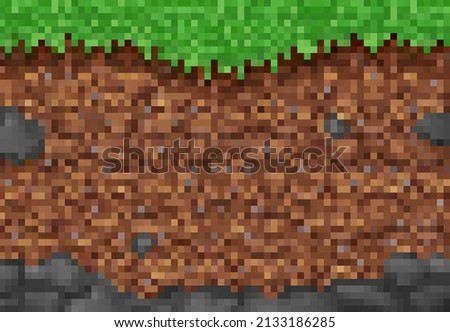 Pixel game background, cubic pixel grass and ground blocks pattern. 8bit gaming interface design. Game scene background or backdrop with soil layer underground cross section view