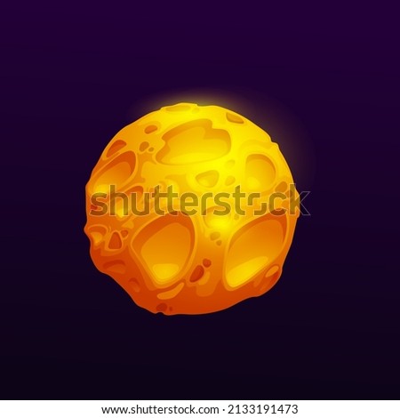 Yellow or golden cartoon space planet with craters. Astronomy galaxy vector sphere, glowing globe in universe. Ui game object, fantasy isolated asteroid, comet, meteor object in space