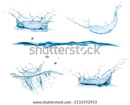 Water crown splash and wave swirl and drops. Vector liquid splashing aqua dynamic motion, blue water flow with spray droplets side view isolated on white background, realistic 3d pure water splashes