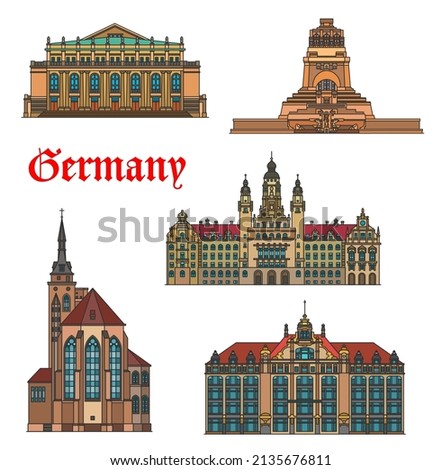 Germany buildings, Stuttgart and Leipzig architecture, travel vector landmarks. Battle of Nations Monument or Volkerschlachtdenkmal, Stuttgart Staatsoper opera house and Collegiate Church Stiftskirche