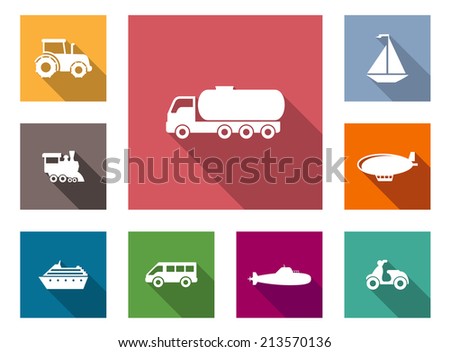 Flat transportation icons set with tractor, truck, locomotive, yacht, air balloon, ship, car, submarine and scooter