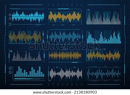 Sound waves frequency, audio music digital equalizer, vector HUD interface. Voice soundwave or radio signal line waveform and recorder or music player volume level with waves of sound on scale