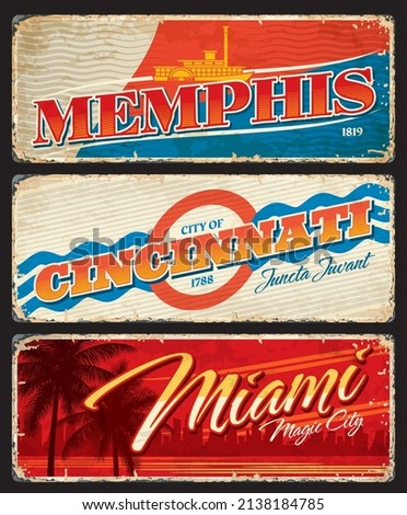 Memphis, Cincinnati and Miami american cities plates and travel stickers. United States of America grunge tin plate, vector banner with worn sides, American city symbols. USA retro souvenir card