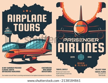 Aviation and airplane retro posters, air plane tours and travel flights with airlines. Vector vintage posters of air tourism and passenger airlines or airplane tickets booking with airport aircrafts Foto stock © 