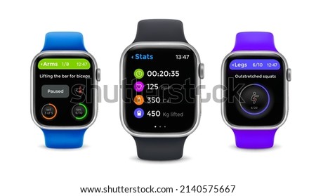 Fitness tracker display screen interface, smart watch technology. Vector devices on blue, black and purple silicone bracelets. Smartwatch modern electronic gadgets for monitoring health parameters