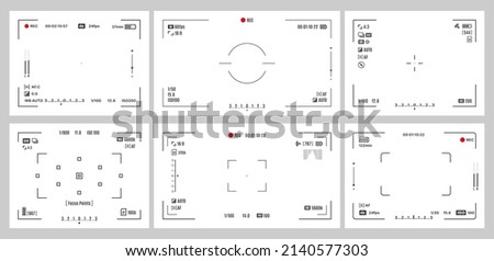 Photo or video camera viewfinder screen set. Vector display frame, focus and grid, zoom, shutter, preview and record shooting settings of digital, dslr, analog camera or camcorder viewfinder Stock foto © 