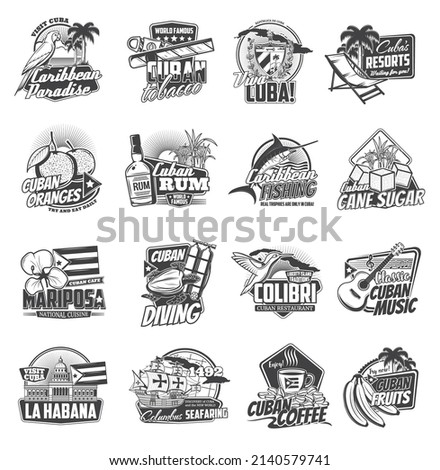 Cuba isolated vector icons of Cuban travel and tourism design. Maracas, cigar, rum and guitar, palm tree, coffee, cane sugar and Caribbean beach, coat of arms, flag and map of Cuba monochrome symbols