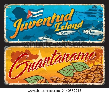 Isla de la Juventud and Guantanamo Cuban regions vector travel plates and stickers. Cuba flag and maps of Cuban provinces retro signs with grunge palms, coffee, fishing boat and Caribbean Sea fish