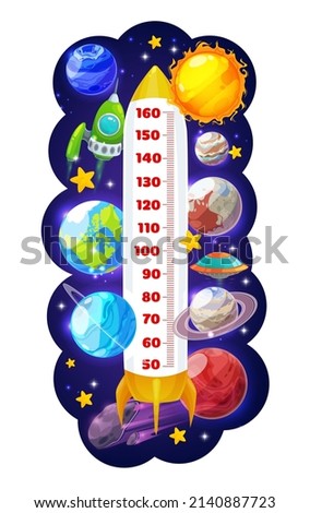 Kids height chart meter with space rocket, ships, planets, asteroid and Sun. Cartoon vector growth measure scale with shuttle take off in outer space. Wall sticker for height measurement with rocket