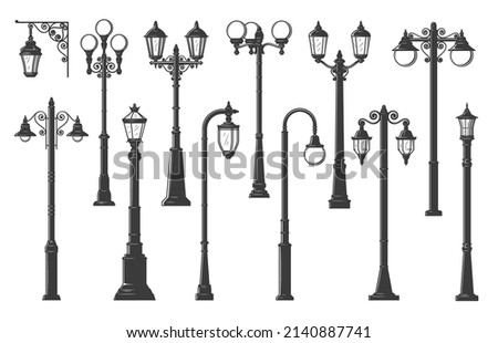Streetlight, streetlamps or lampposts, vintage street light lanterns, vector isolated lamp posts. Retro pillars or lantern poles for city illumination, gas lampposts and old light bulbs