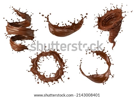 Realistic chocolate milk tornado swirl, whirlwind and splashes with splatters. Vector coffee, cocoa isolated brown hurricane dessert stream and drops. Choco storm with liquid splashing droplets