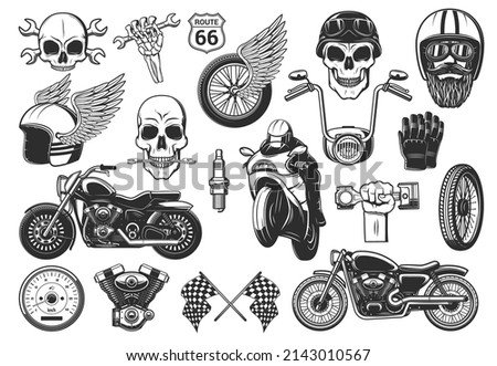 Motorcycle riding and racing engraved icons set. Biker or motorsport racer on sport bike, retro choppers motorbike, engine piston, spark plug and speedometer, skull in helmet and winged wheel vector