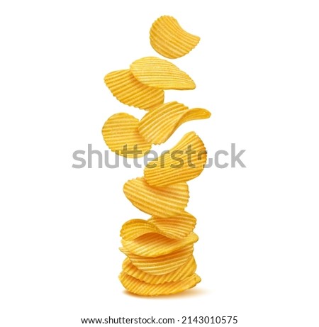 Stack, pile and heap of ripple crispy potato chips, vector junk food, fried snack dish or salty crisps portion. Realistic 3d thin slices of crunchy potato with salt and spices, falling ripple chips
