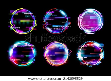 Abstract neon glow circle glitch vector frames. Futuristic ring glitch distortion and screen bug light effects frame border lines with static noise on black background, future technology