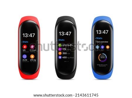 Fitness tracker or smart watch, display screen interface. Vector bracelets, smartwatch gadget mockup for monitoring health parameters as heartbeat, calories, steps and time. Modern electronic device