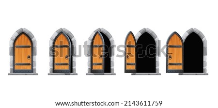 Cartoon castle open gate or door, vector motion animation of medieval palace entrance. Castle or house wooden arch gates to animate for opening and closing, old stone doorway or wood gateway